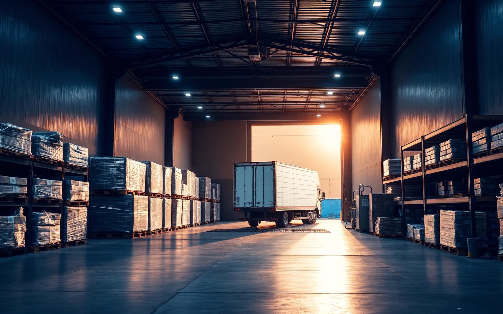 Trailer backed into a distribution warehouse dock with staged pallets ready for loading